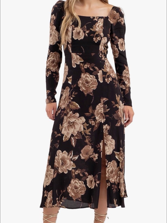 Workshop Republic Clothing Dresses & Skirts - The Workshop Black Midi Dress with Brown Floral Print